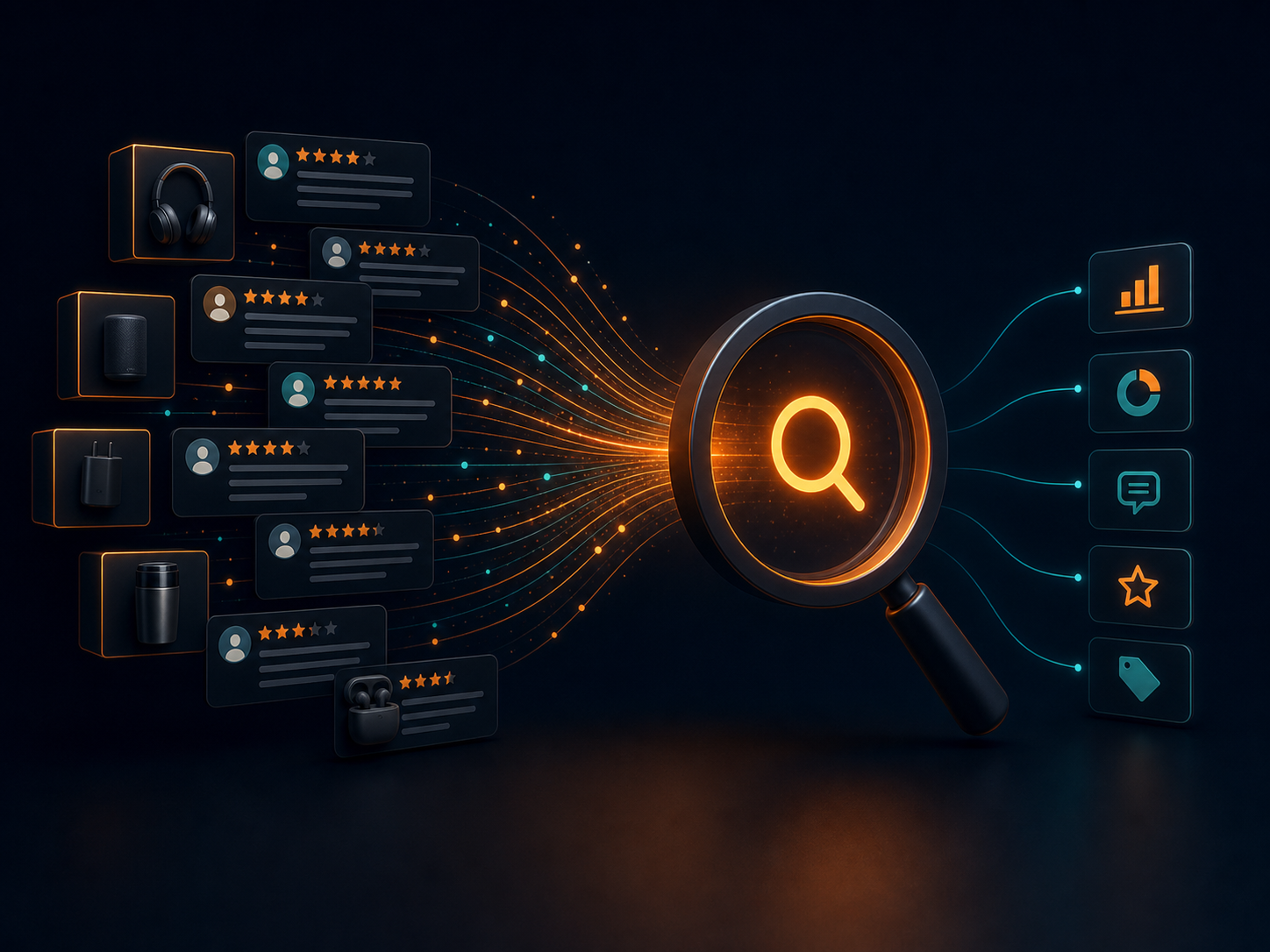 Abstract review keyword research clusters flowing into an analysis lens